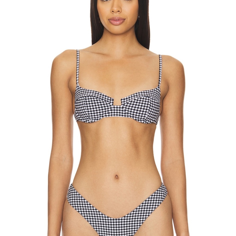 Lovers + Friends Black and White Bikini Top with Gingham Pattern